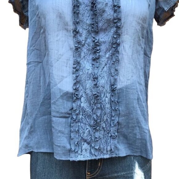 Willow & Clay Ruffle Blue Sheer Blouse Cottage Top Shirt Size M - Picture 4 of 8
